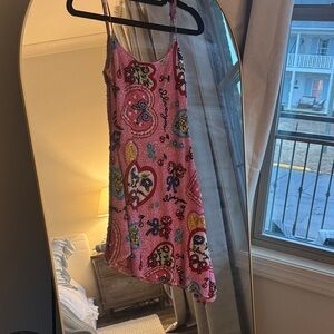 For Love And Lemons Vibrant Pink and Multicolor Beaded Mini Dress